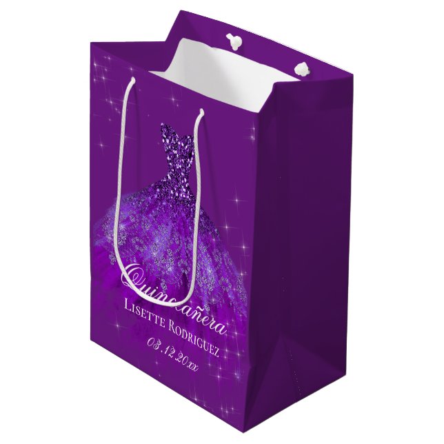 Elegant Purple Quinceanera Custom Gift Bag (Front Angled)