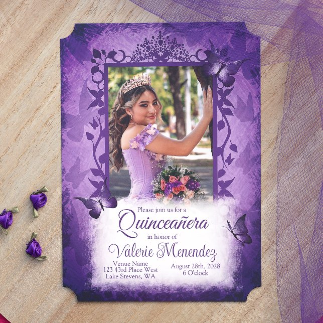 Elegant Purple Quinceanera Fancy Vine Photo Border Invitation (Elegant Purple Quinceanera Invitation with Butterflies and Decorative Photo Frame)