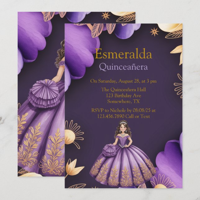 Elegant Purple Quinceañera Girl Art Invitation (Front/Back)