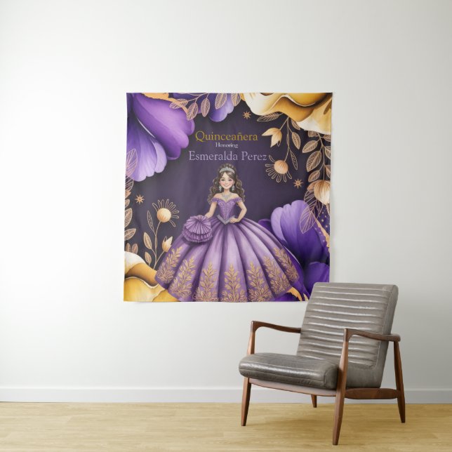 Elegant Purple Quinceañera Girl Art Welcome Tapestry (In Situ)