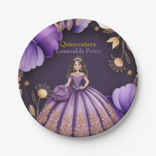 Elegant Purple Quinceañera Girl Illustration Paper Plate