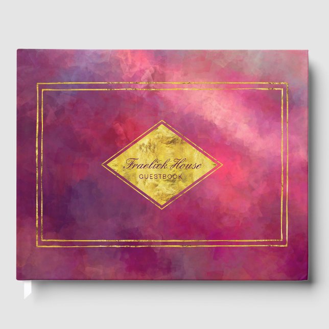 Elegant Purple Red Abstract with Faux Gold Accents Guest Book (Front)