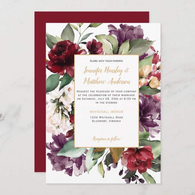 Elegant Purple Red Gold Floral Explosion Wedding Invitation (Front/Back)