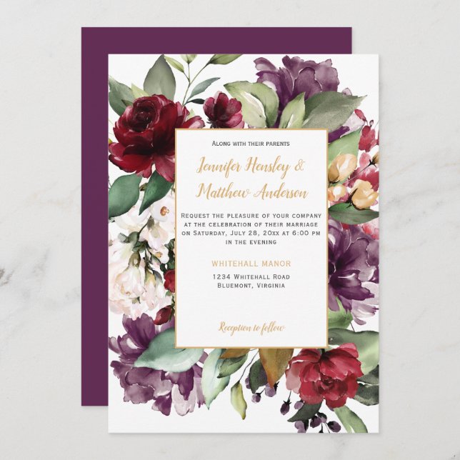Elegant Purple Red Gold Floral Explosion Wedding Invitation (Front/Back)