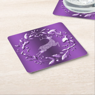 Elegant Purple Reindeer and Wreath Christmas Square Paper Coaster