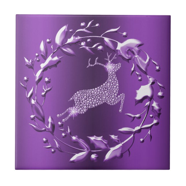 Elegant Purple Reindeer Christmas Tile (Front)
