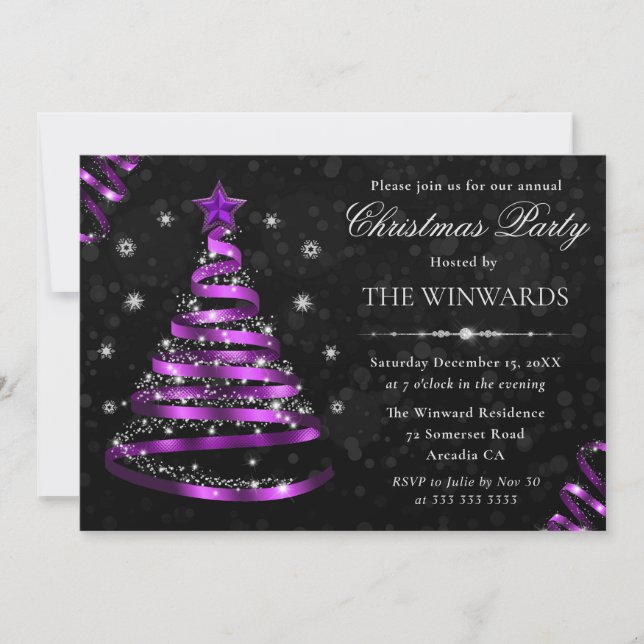 Elegant Purple Ribbon Tree Christmas Party Invitation (Front)