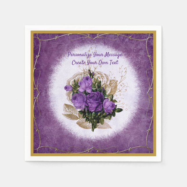 Elegant Purple Rose Bouquet Gold Ornamental Border Napkin (Front)
