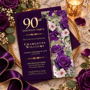 Elegant Purple Rose Floral 90th Birthday