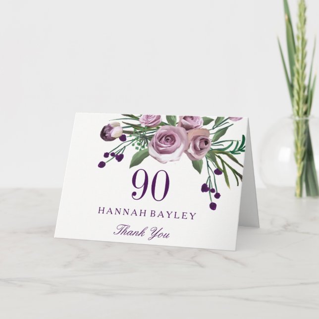 Elegant Purple Rose Floral 90th Birthday Thank You Card (Front)