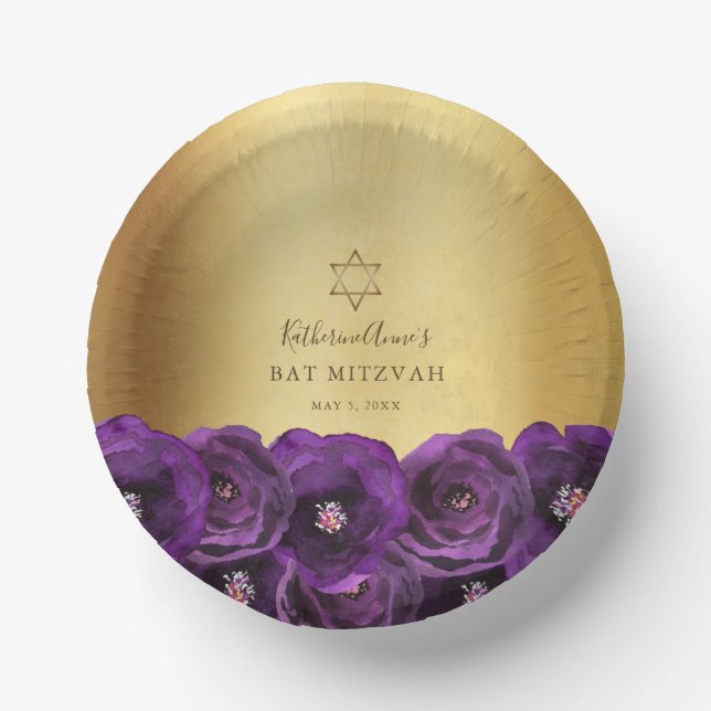 Elegant Purple Rose Floral Gold Bat Mitzvah Paper Plate (Front)