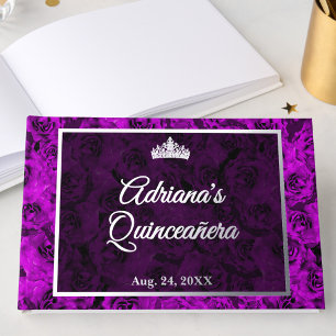 Elegant Purple Rose Floral Quinceanera Silver Guest Book