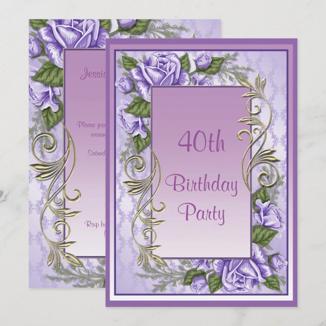 Elegant Purple Rose Framed 40th Birthday Invitation (Front/Back)