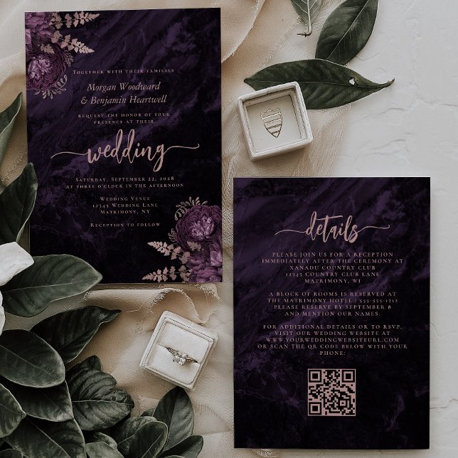 Elegant Purple Rose Gold Floral QR Code Wedding Invitation (Creator Uploaded)