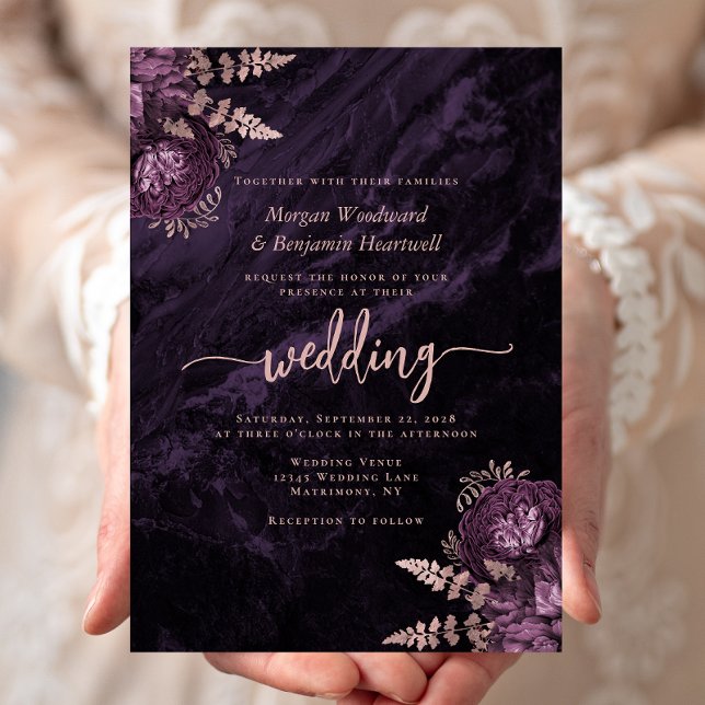 Elegant Purple Rose Gold Floral Wedding Invitation (Creator Uploaded)