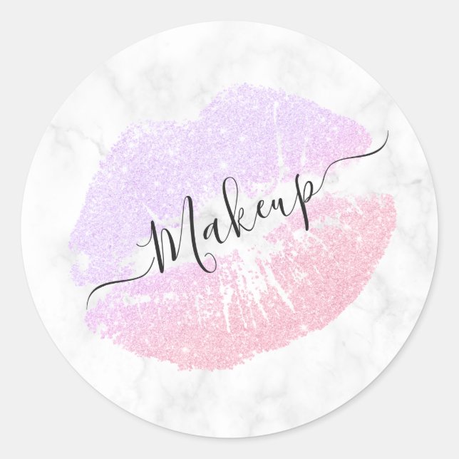 Elegant purple rose gold glitter lips white marble classic round sticker (Front)