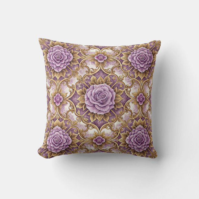 Elegant Purple Rose & Gold Vintage Pattern Cushion (Front)