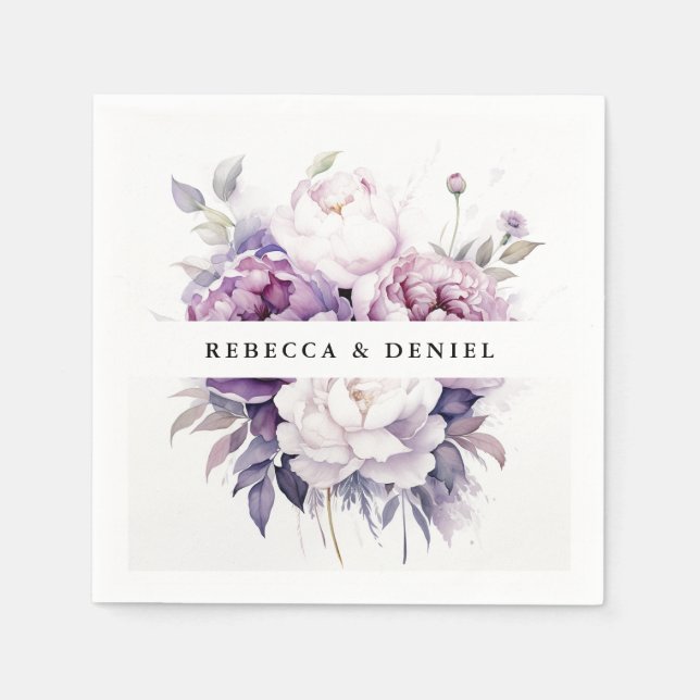 Elegant Purple Rose Watercolor Floral Wedding Napkin (Front)