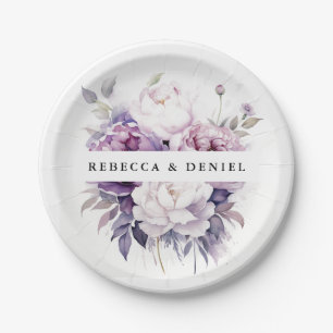 Elegant Purple Rose Watercolor Floral Wedding Paper Plate