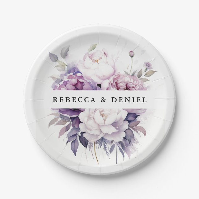 Elegant Purple Rose Watercolor Floral Wedding Paper Plate (Front)