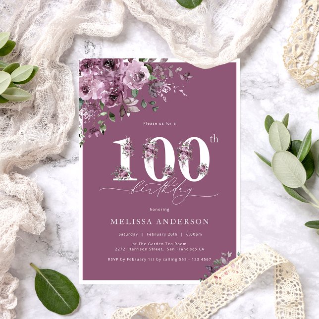 Elegant Purple Roses 100th Birthday Party Invitation (Creator Uploaded)