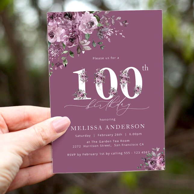 Elegant Purple Roses 100th Birthday Party Invitation (Creator Uploaded)