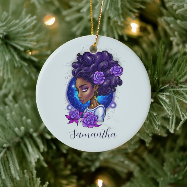 Elegant Purple Roses Afro Woman Ceramic Tree Decoration (Tree)