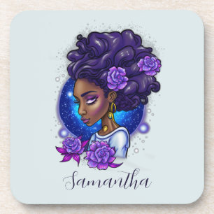 Elegant Purple Roses Afro Woman Coaster