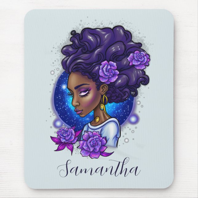 Elegant Purple Roses Afro Woman Mouse Pad (Front)