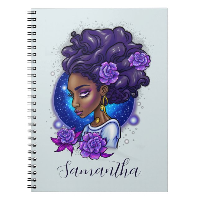 Elegant Purple Roses Afro Woman Notebook (Front)