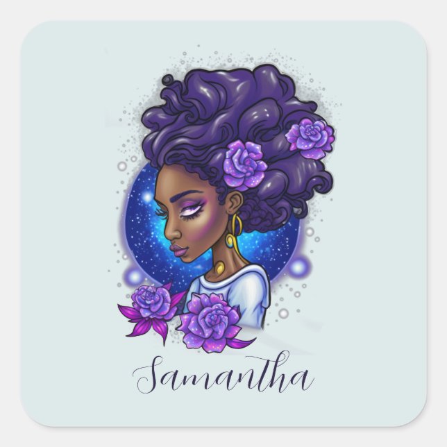 Elegant Purple Roses Afro Woman Square Sticker (Front)