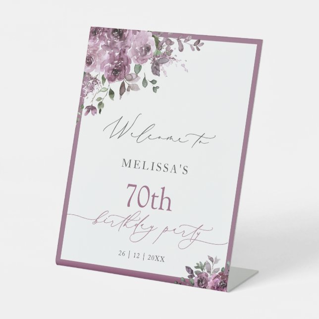 Elegant Purple Roses Any Age Birthday Welcome Pedestal Sign (Front)