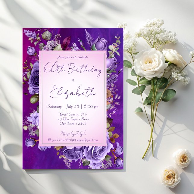 Elegant purple roses birthday party invitation (Elegant purple lilac roses adults birthday party invitation cards template floral party invitations)