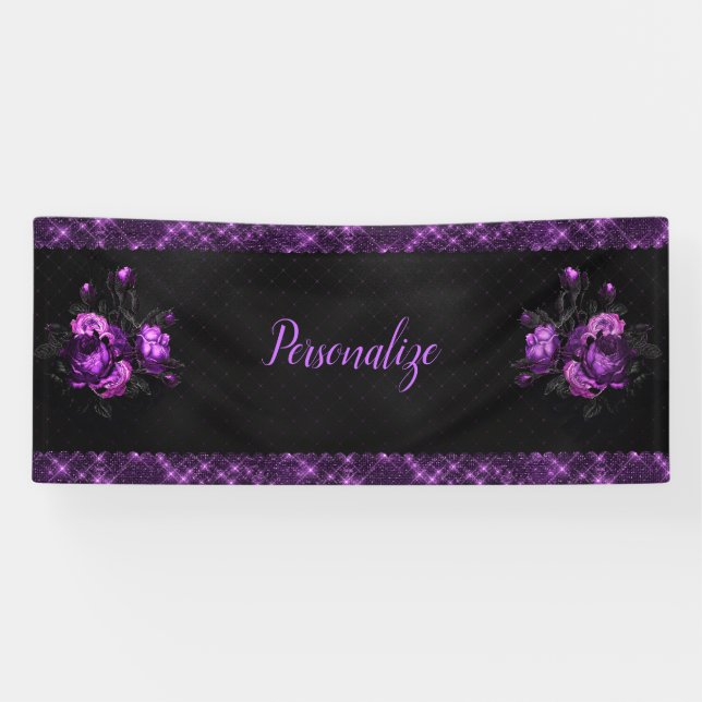 Elegant Purple Roses & Border on Black Personalise Banner (Horizontal)