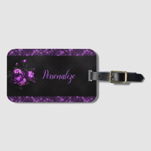 Elegant Purple Roses & Border on Black Personalise Luggage Tag