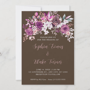 Elegant Purple Roses Floral Cedar Brown Wedding Invitation