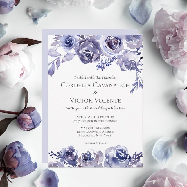 Elegant Purple Roses Floral Evening Winter Wedding Invitation (Creator Uploaded)