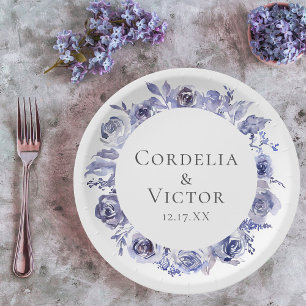 Elegant Purple Roses Floral Winter Evening Wedding Paper Plate