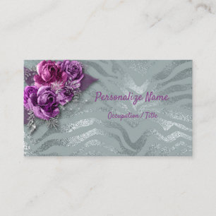 Elegant Purple Roses on Silver Glitter Pattern Business Card