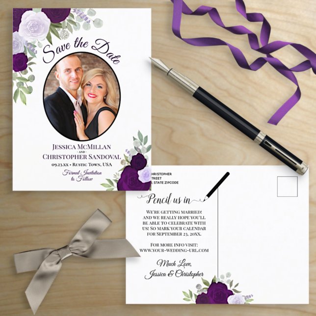 Elegant Purple Roses & Photo Wedding Save the Date Announcement Postcard (Front and Back)