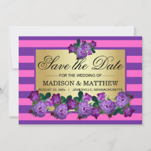Elegant Purple Roses & Stripes Save the Date Card