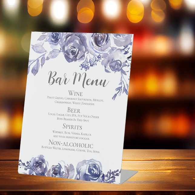Elegant Purple Roses Wedding Bar Drinks Menu Pedestal Sign (Creator Uploaded)