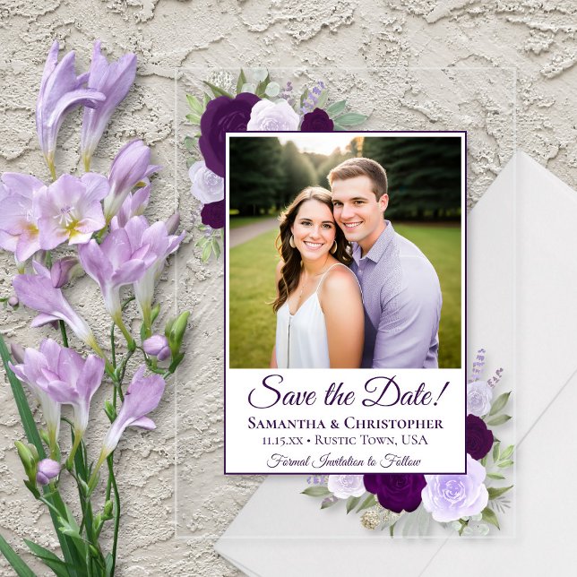Elegant Purple Roses Wedding Save the Date Photo Acrylic Invitations (Clear Acrylic with Rectangle Cut)