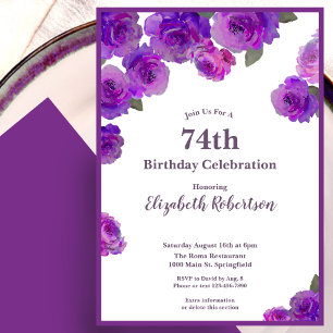 Elegant Purple Roses Womens Custom 74th Birthday Invitation