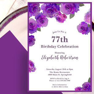 Elegant Purple Roses Womens Custom 77th Birthday Invitation