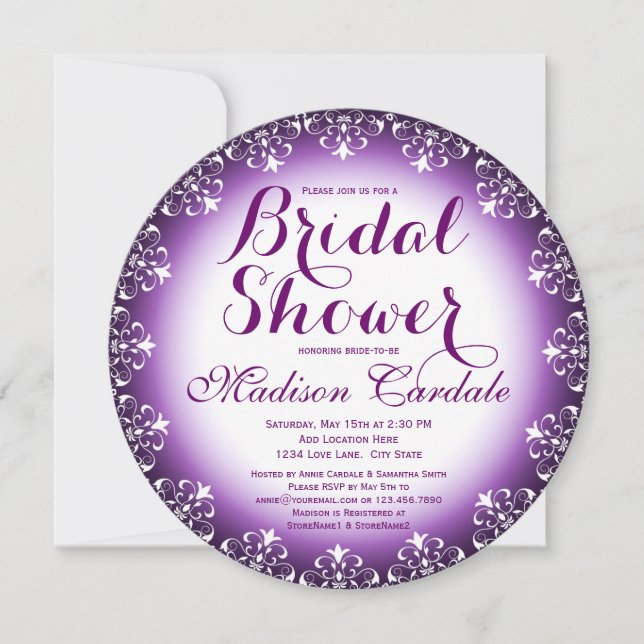 Elegant Purple Round Bridal Shower Invitations (Front)