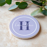 Elegant Purple Round Monogram Script Name Coaster<br><div class="desc">An elegant sandstone coaster featuring a royal purple serif initial and custom family name in script, framed by a white circle on a soft lavender background. The regal purple tones create a unique, eye-catching accent for any tabletop. A striking personalised gift for housewarmings, birthdays, or purple decor enthusiasts. All text...</div>