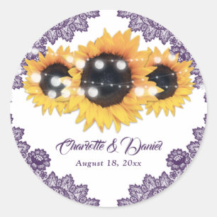 Elegant Purple Rustic FloralLace Sunflower Wedding Classic Round Sticker