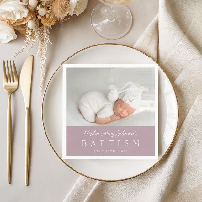 Elegant Purple Script Baptism Photo  Napkin (Elegant Purple Script Baptism Photo Napkins)