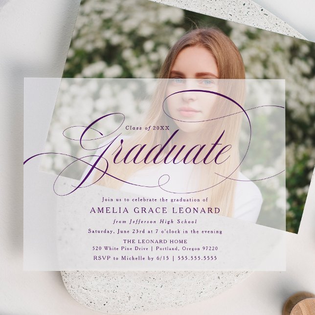 Elegant Purple Script Graduation Party Vellum Invitations (Creator Uploaded)